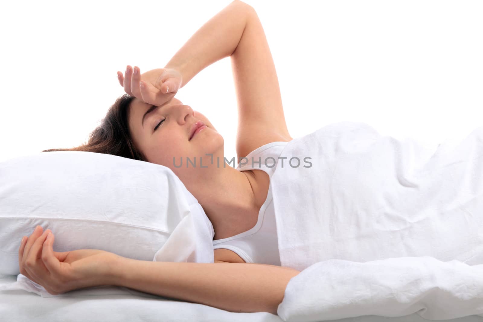 A young woman waking up in the morning. All on white background.