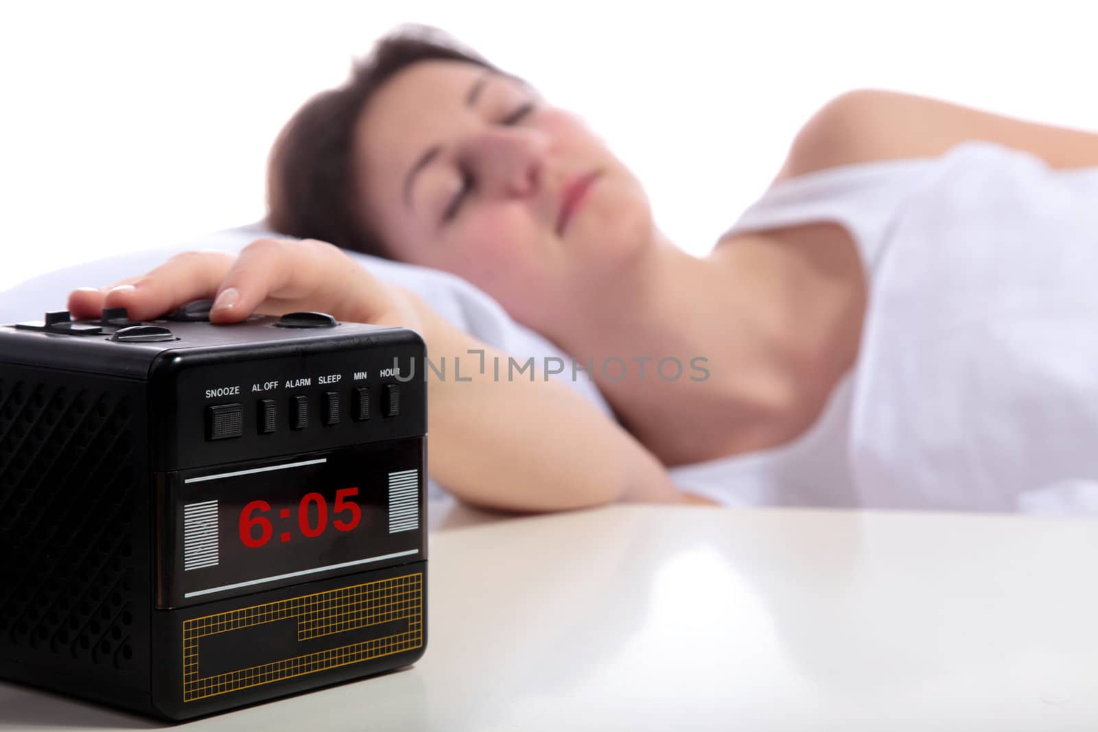 A young woman waking up in the morning. All on white background.