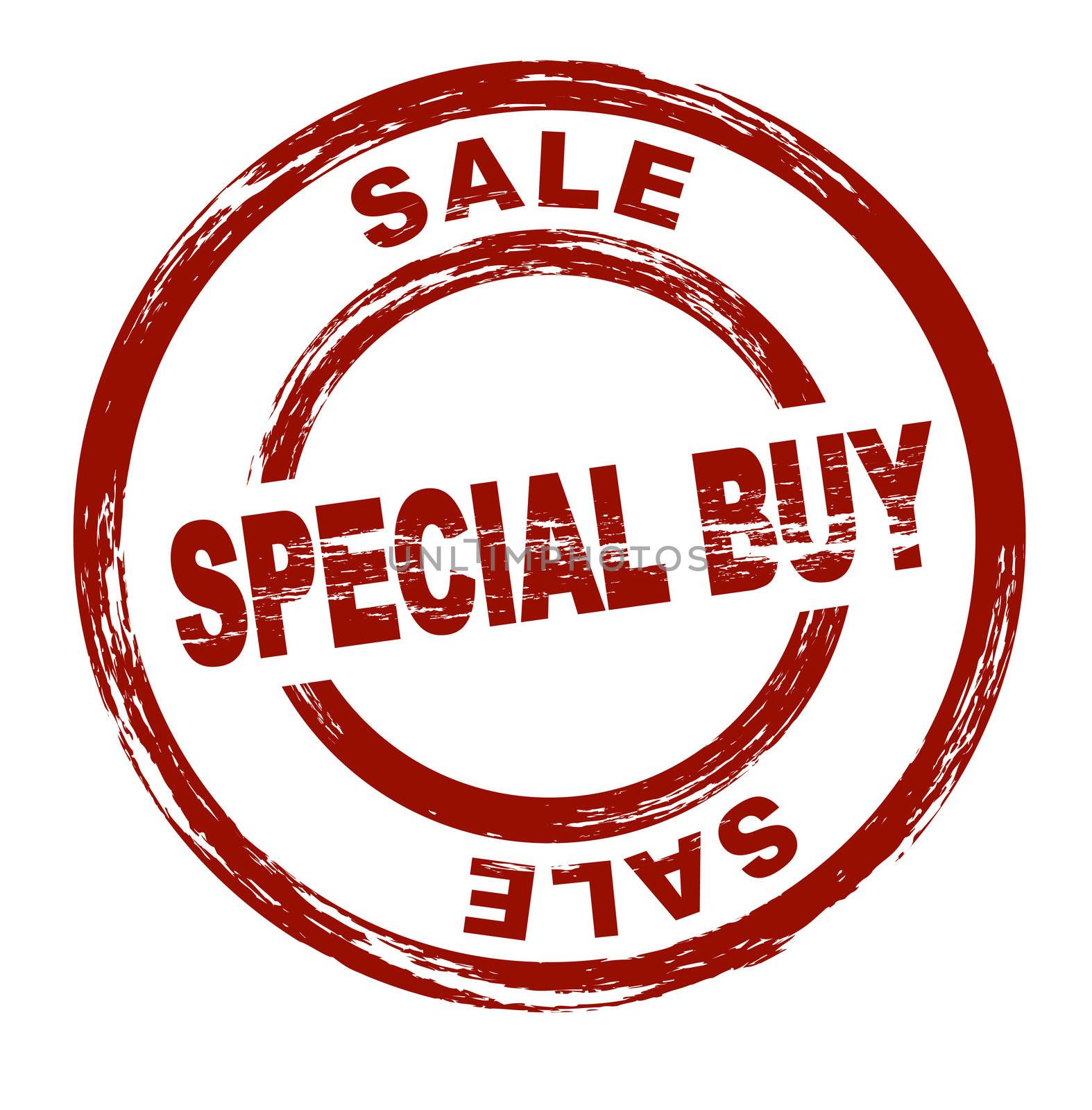 A stylized red stamp shows the term sale special buy. All on white background.