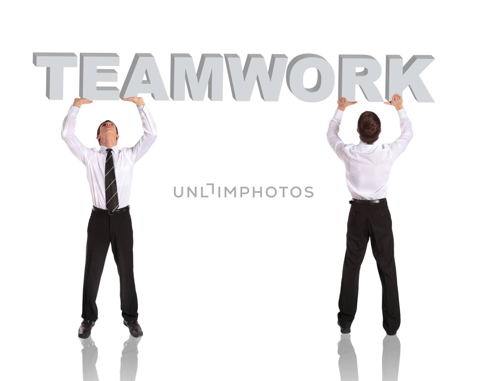 Two businessman lifting up the word teamwork. All isolated on white background.