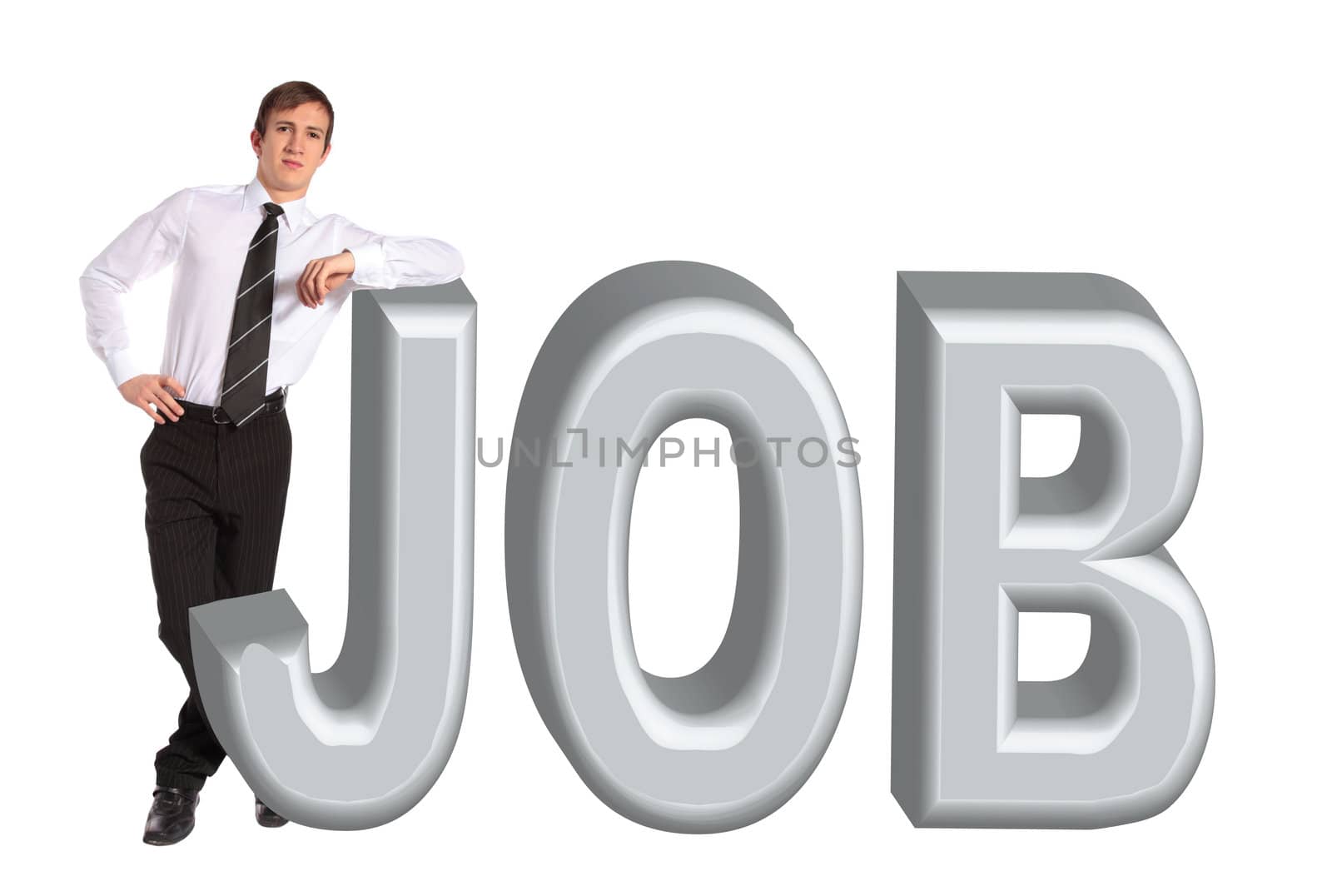 A young businessman standing next to the word job. All isolated on white background.