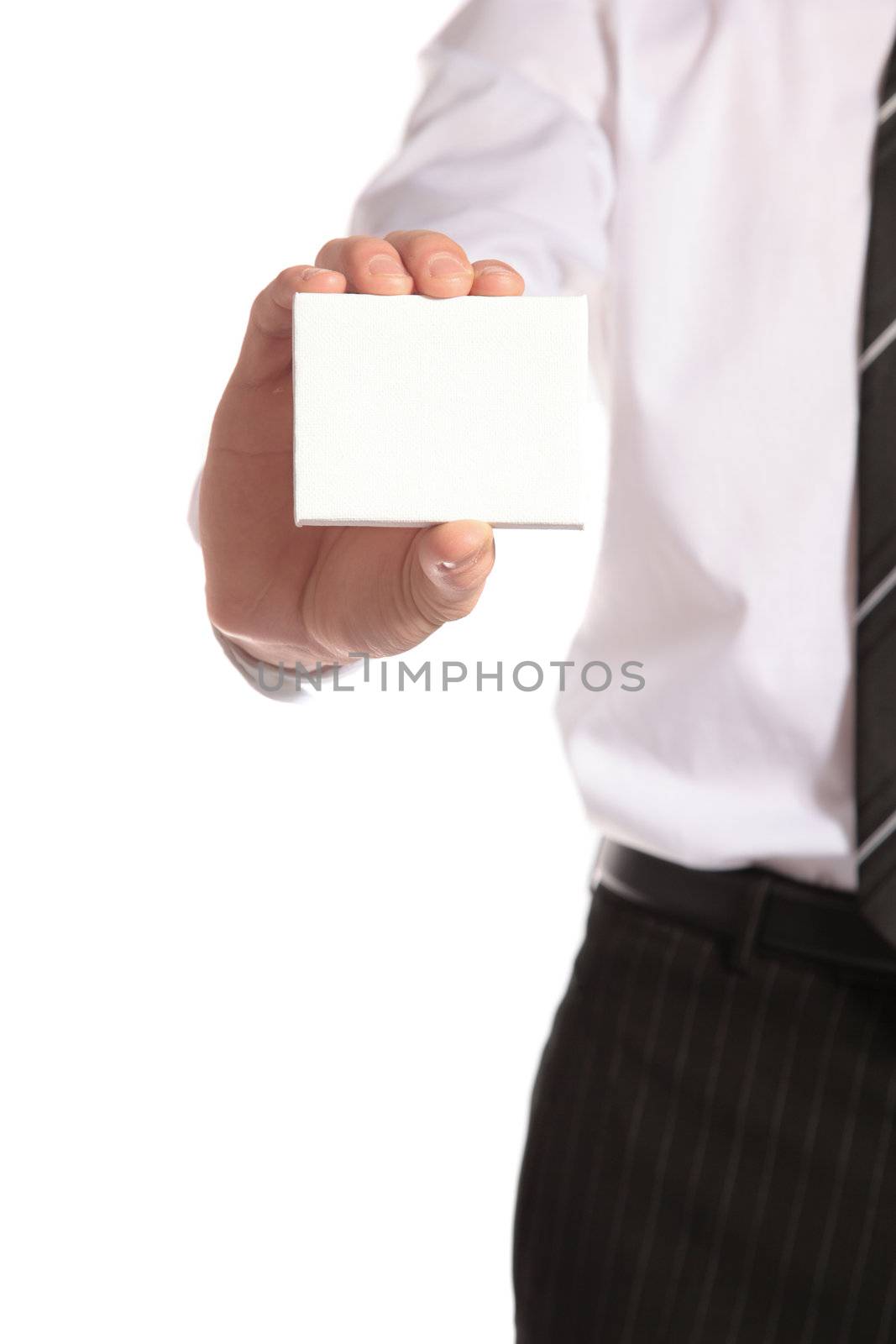 An expert adviser presents his business card. All isolated on white background.