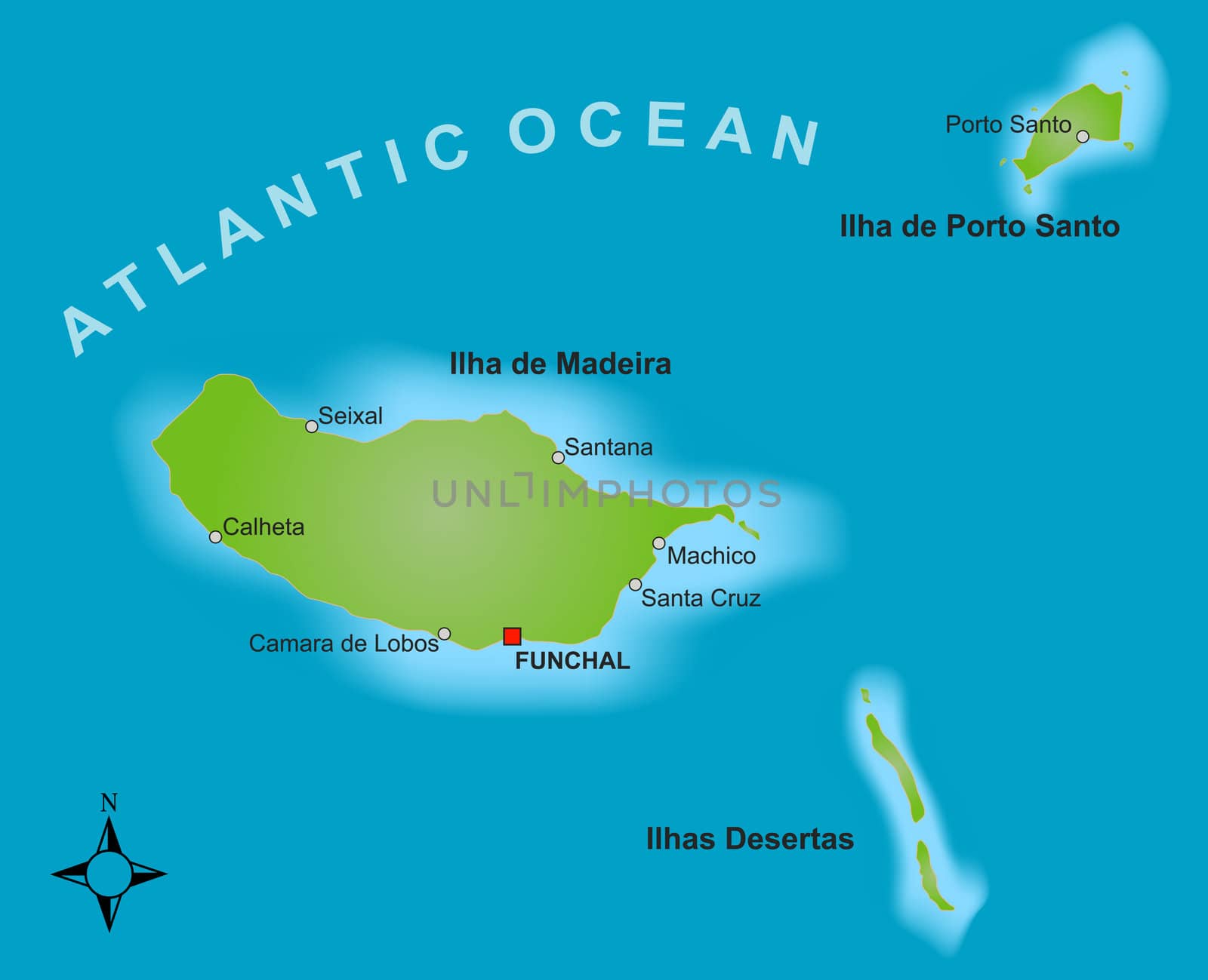 A stylized map of the island of Madeira showing different cities.