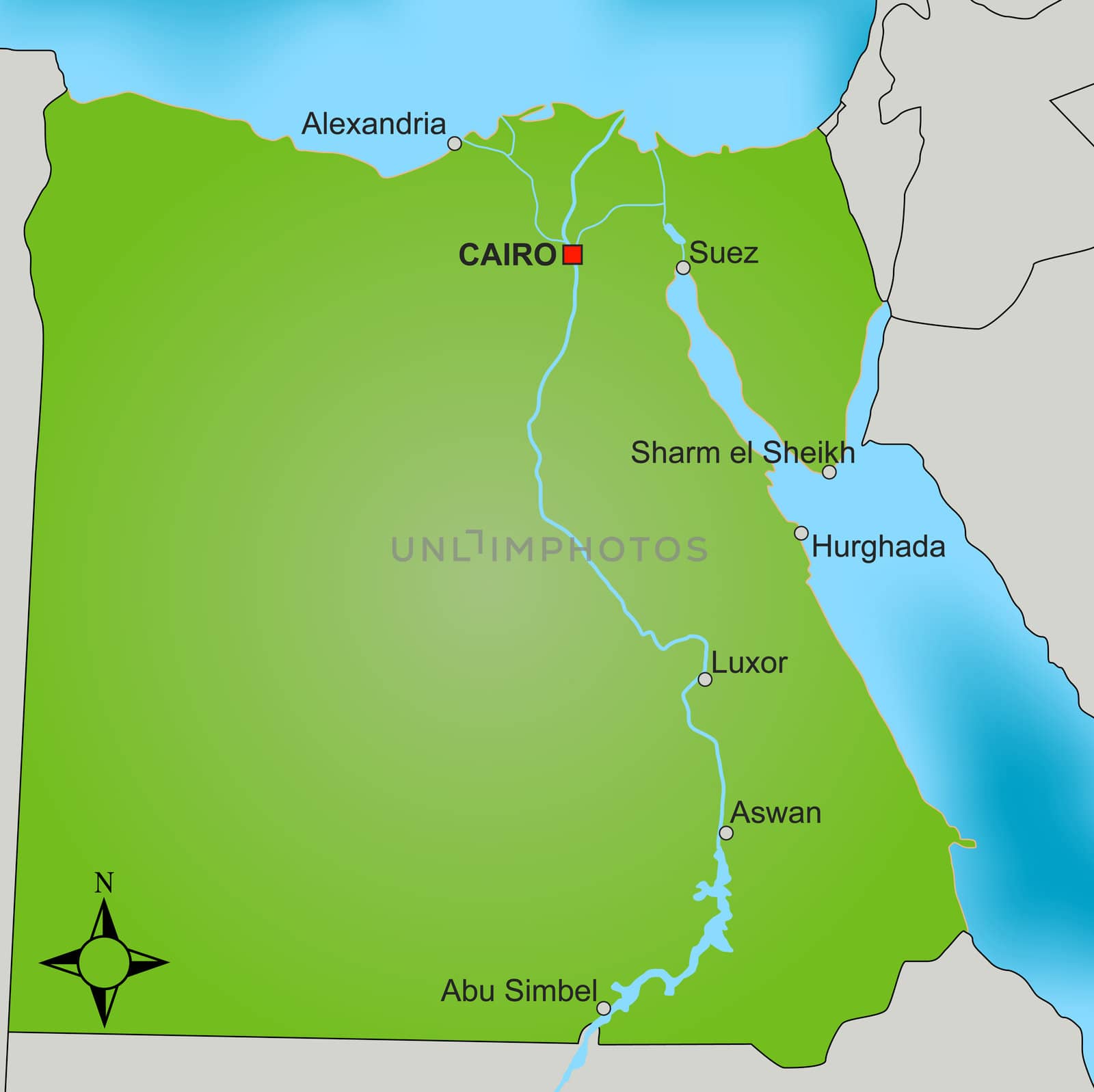 A stylized map of egypt showing different cities.