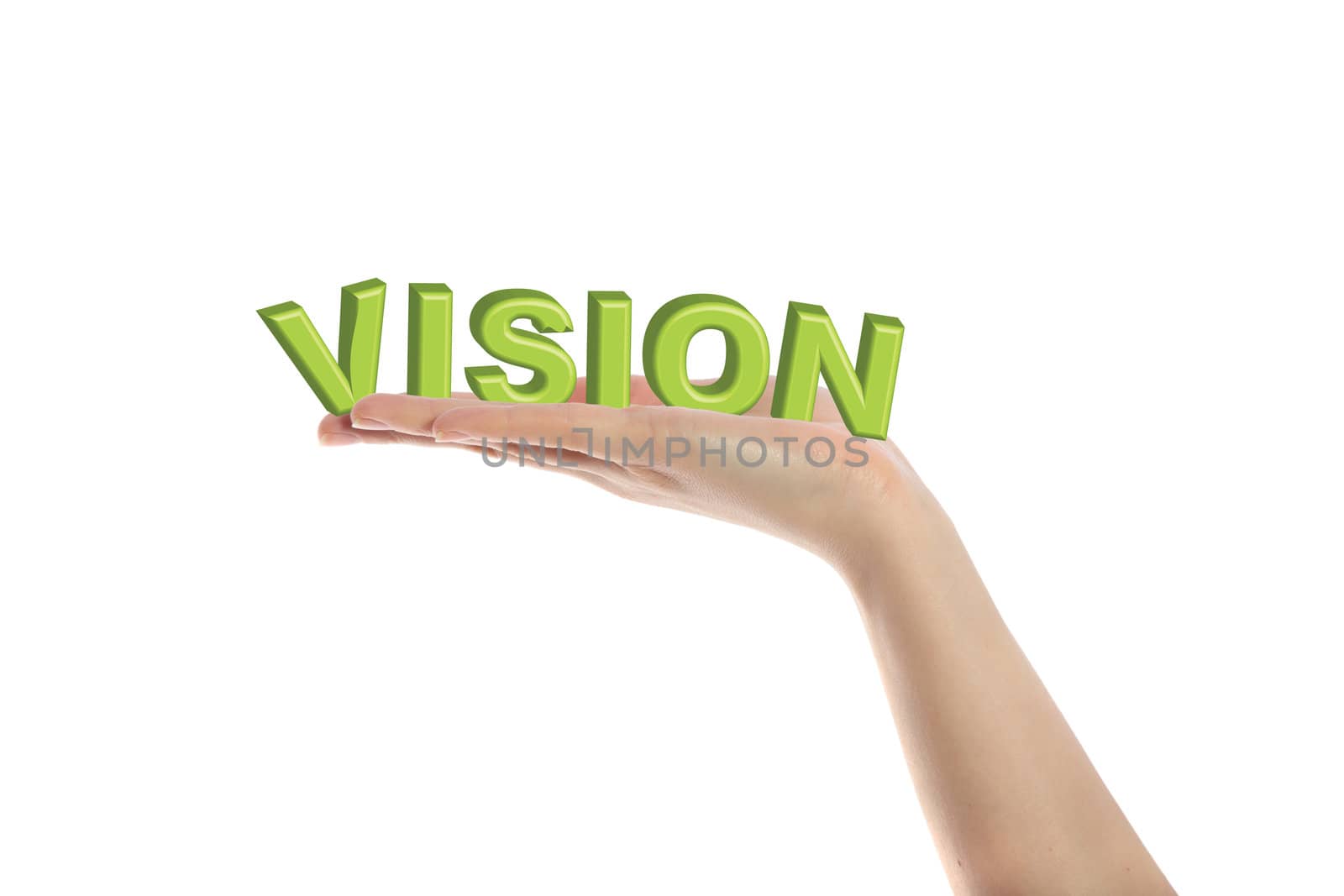 A neat human hand holding the word vision. All isolated on white background.