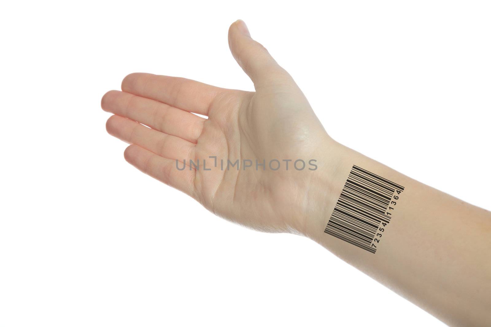 A human hand with a barcode on the wrist. All isolated own hite background.