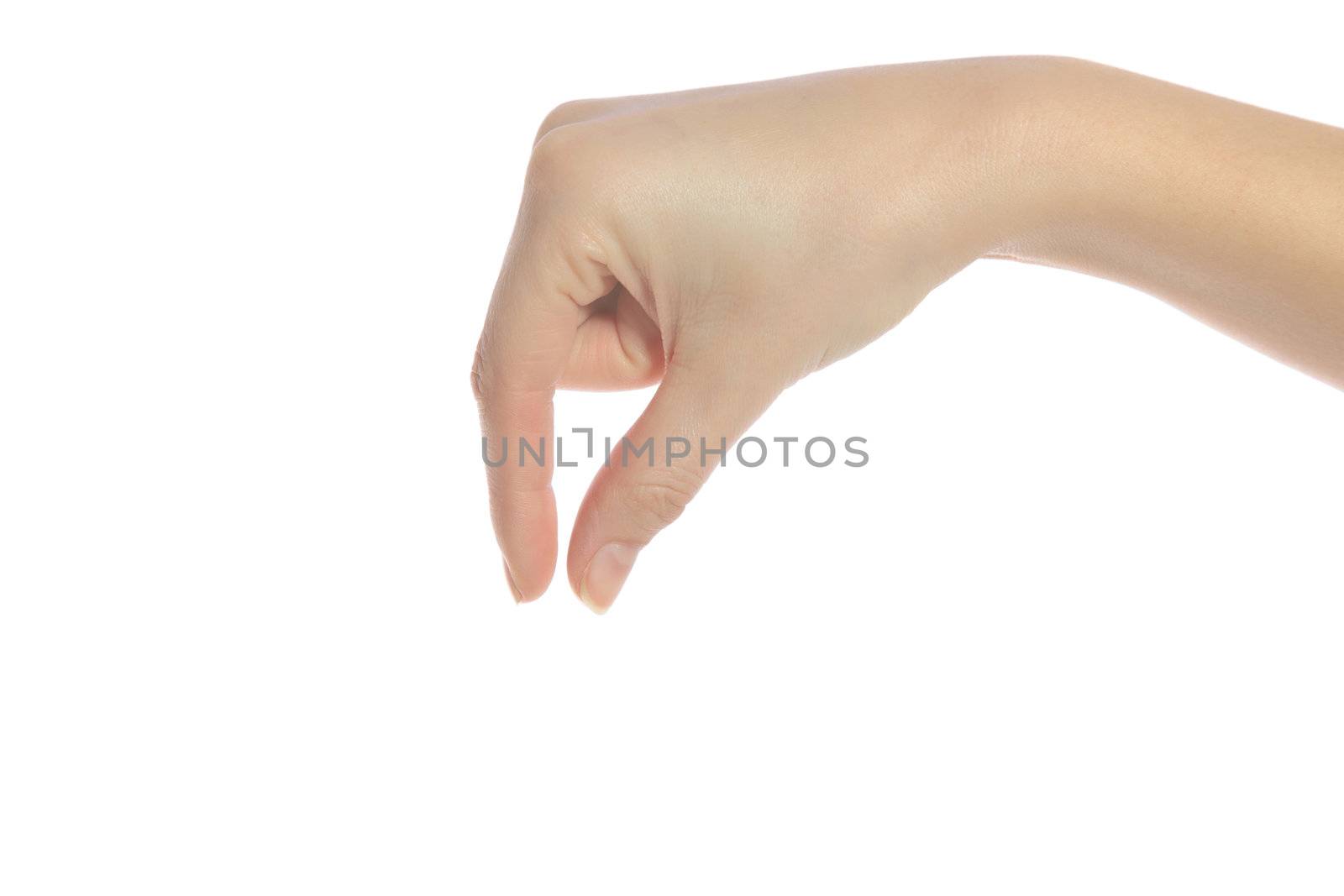 A human hand picking something up. All ioslated on white background.