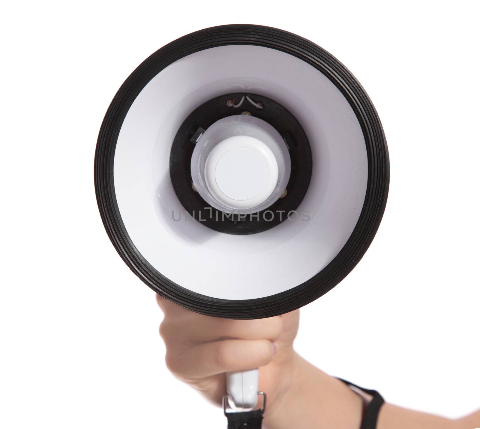 A human hand holding a standard megaphone. All isolated on white background.