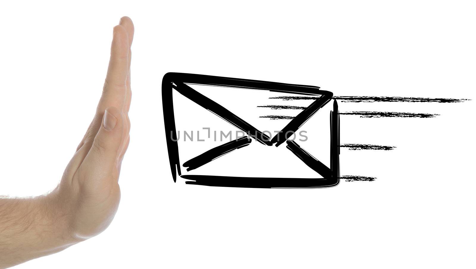 A human hand stopping a flying envelope and symbolizing a spam filter. All isolated on white background.