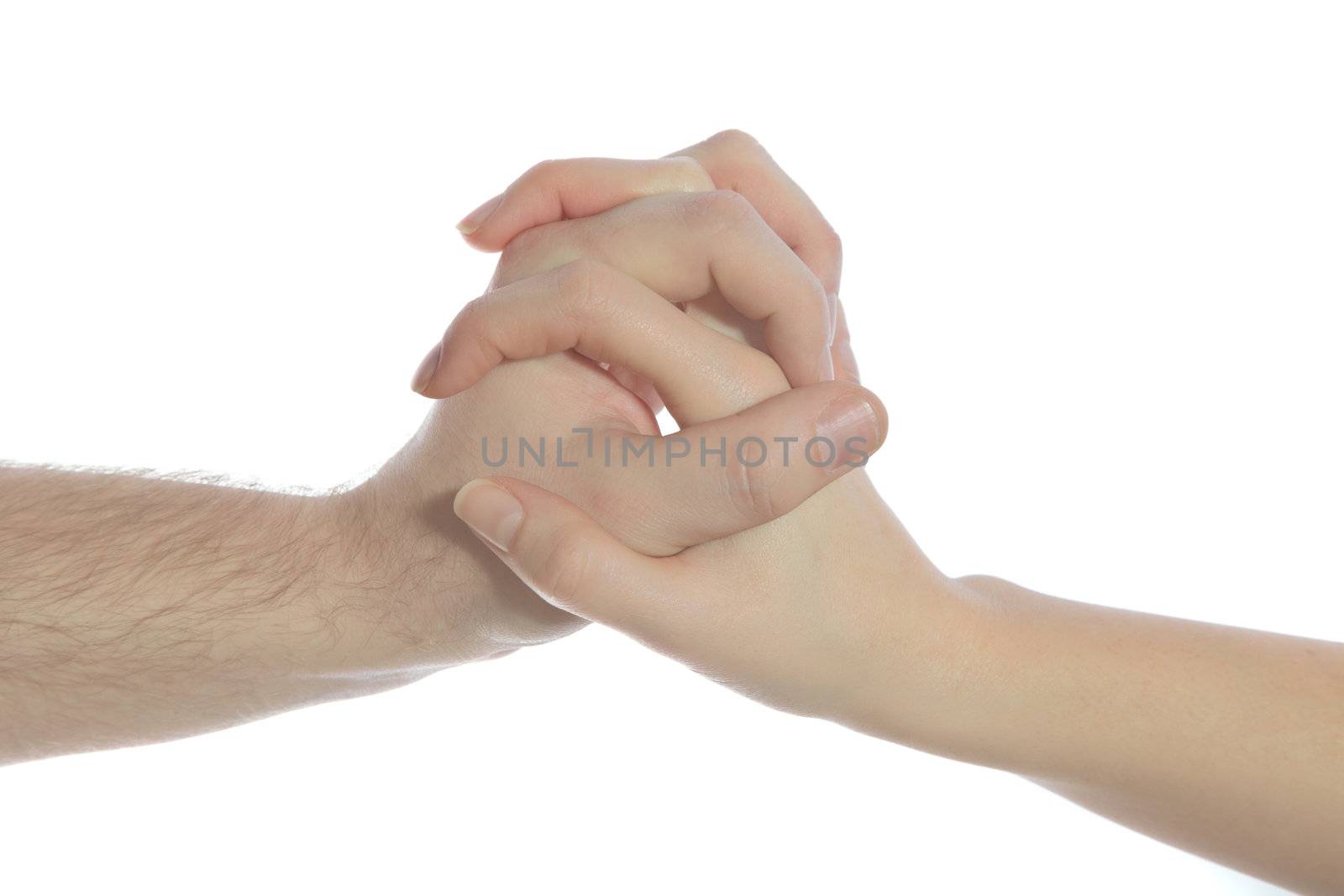 Two person holding hands. All isolated on white background.