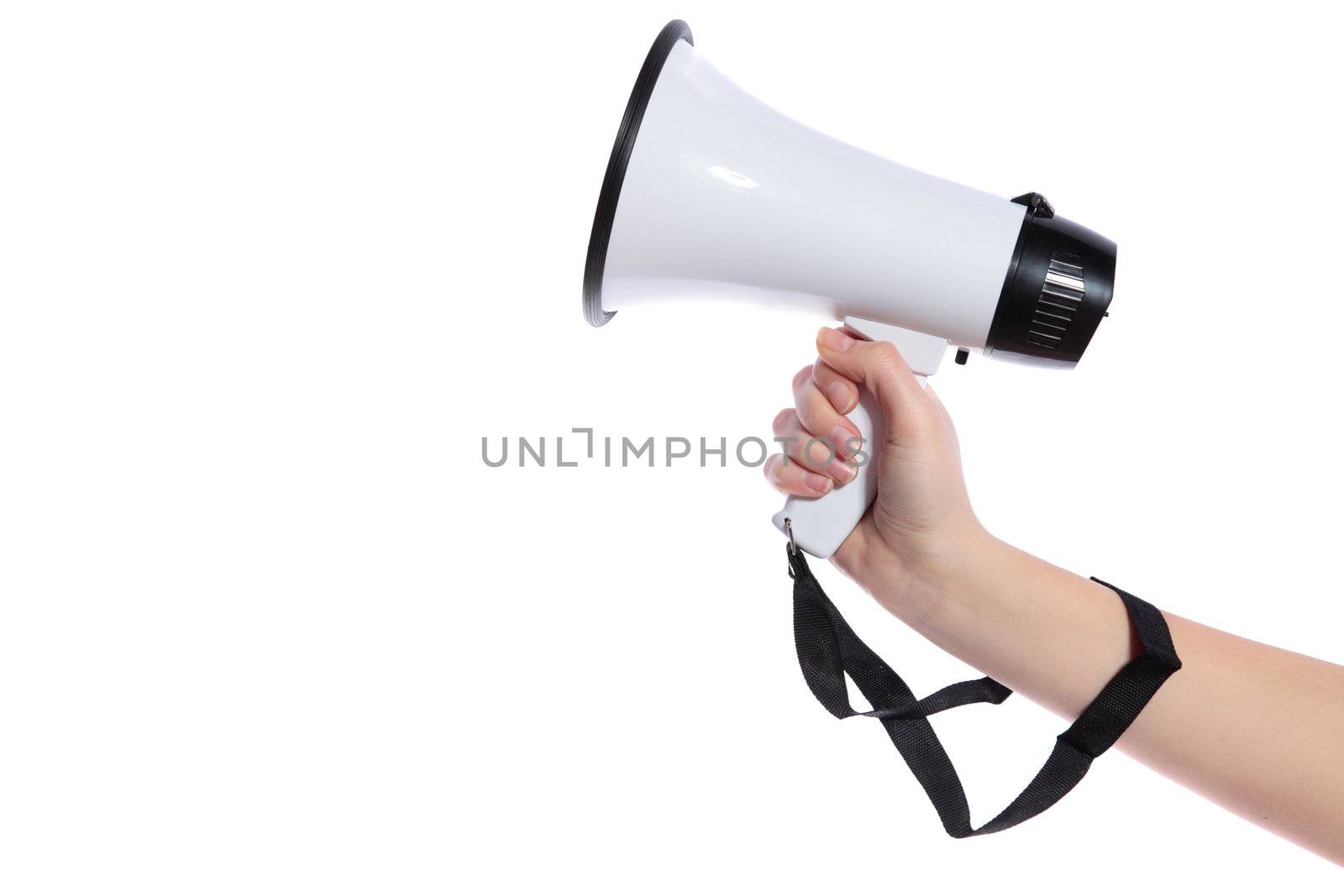 A neat human hand holding a standard megaphone. All isolated on white background.