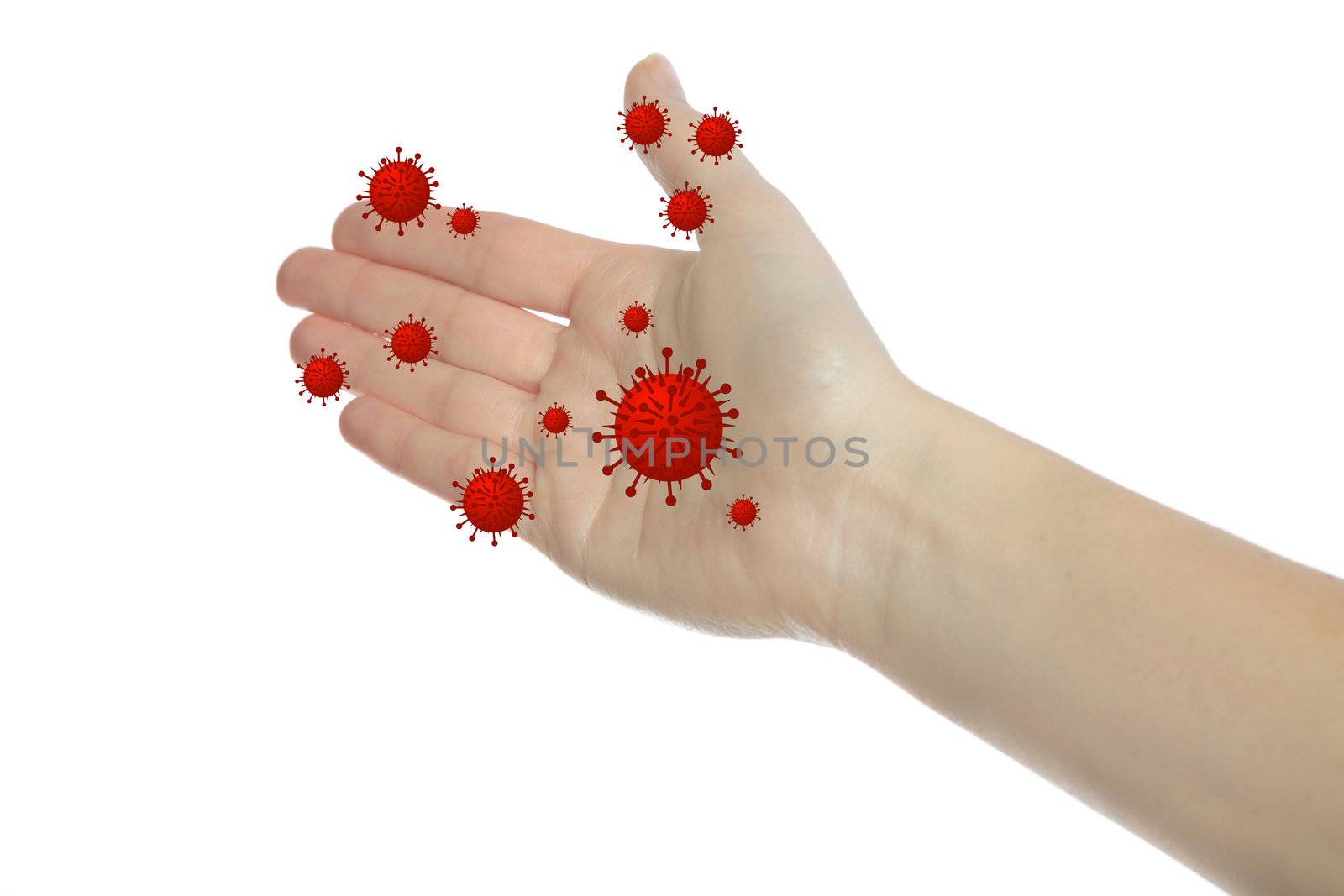 A human hand with several stylized bacteria on it. All isolated on white background.