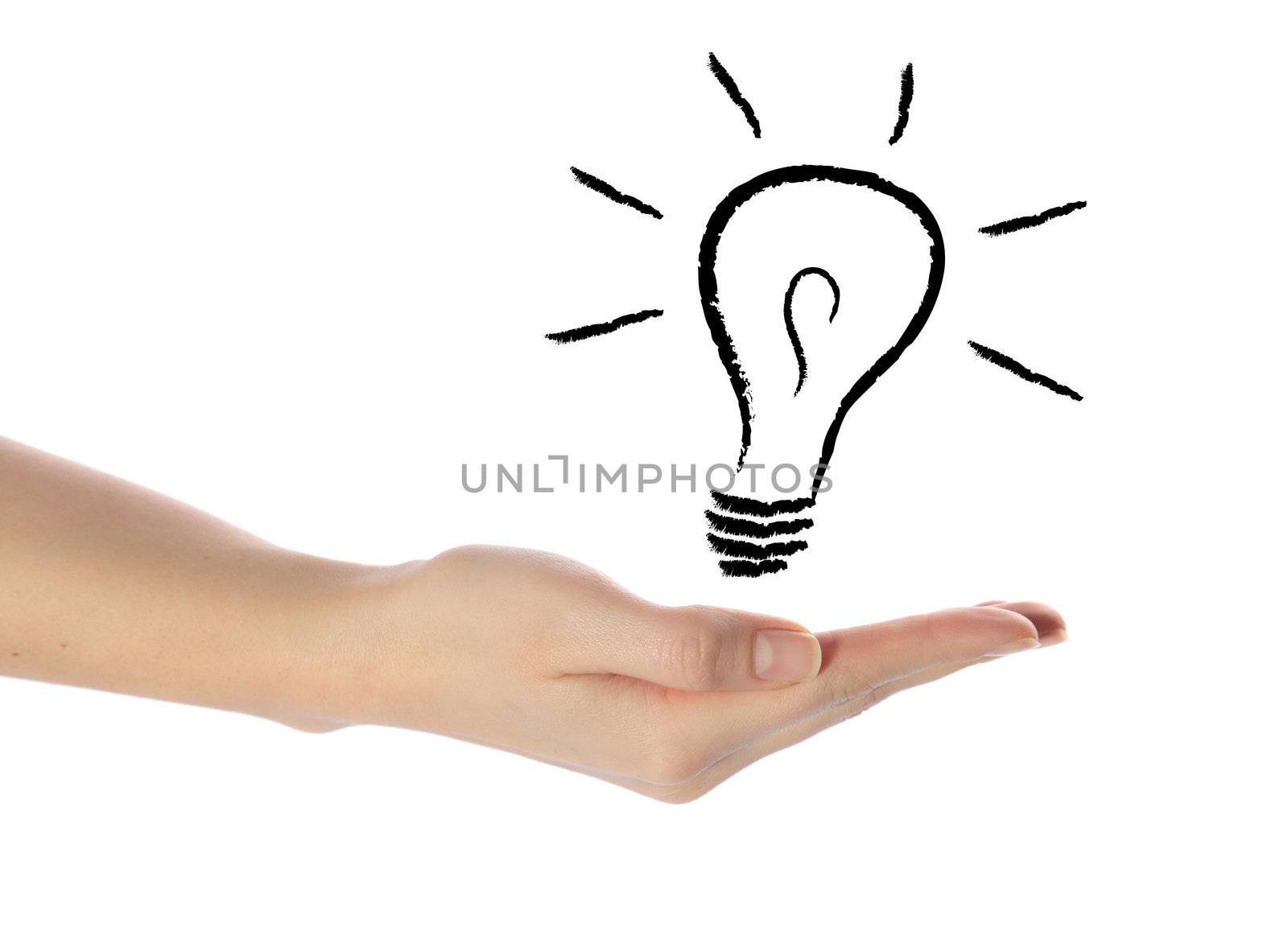 A neat human hand holding a stylized light bulb. All isolated on white background.