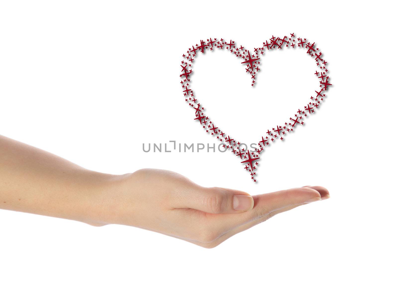 A neat human hand holding a stylized heart out of many stars. All isolated on white background.