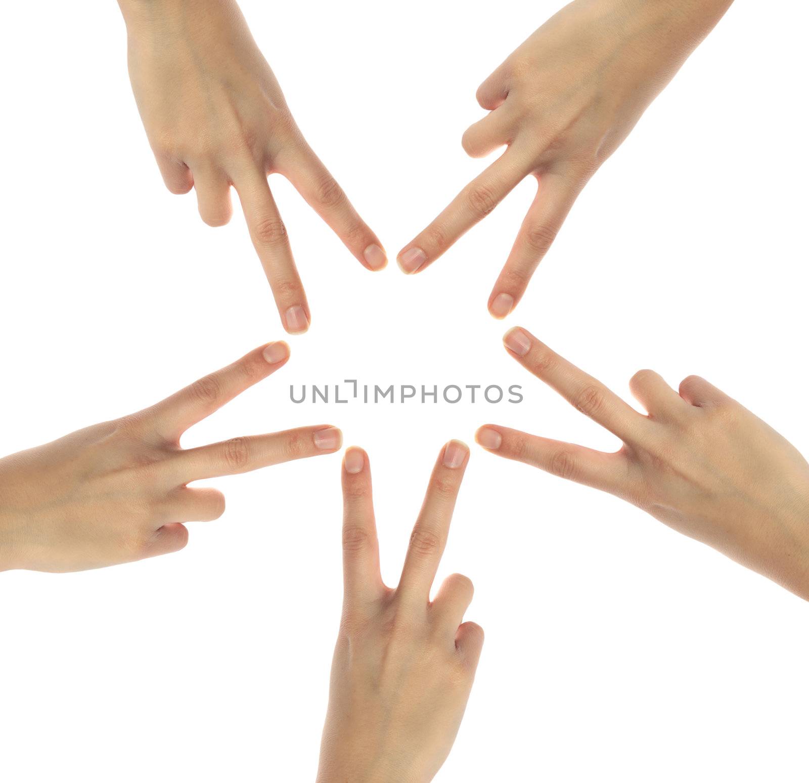 Five neat human hands building a star out of her fingers. All isolated on white background.