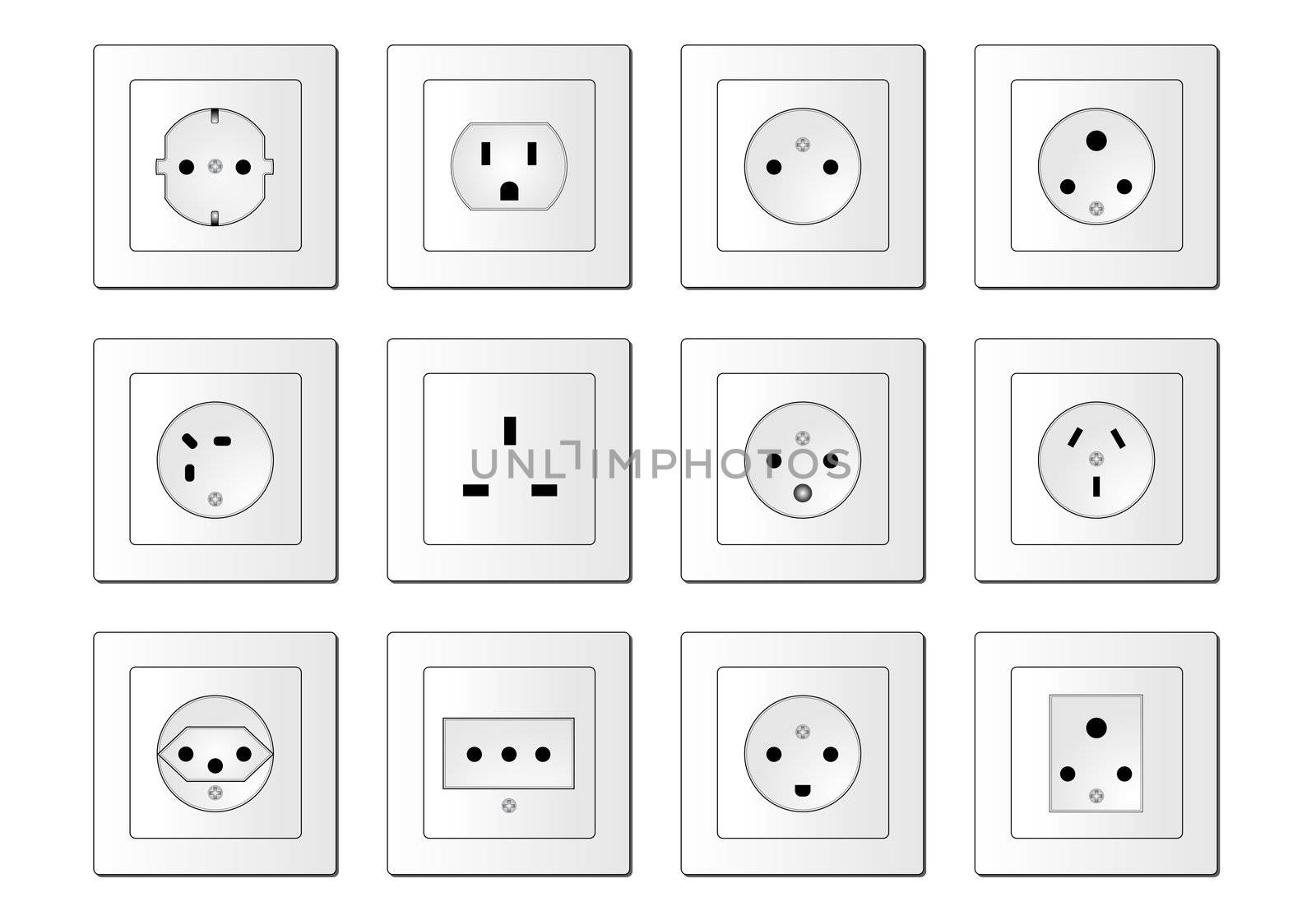 An illustration shows all usual electric sockets worldwide. All isolated on white background.