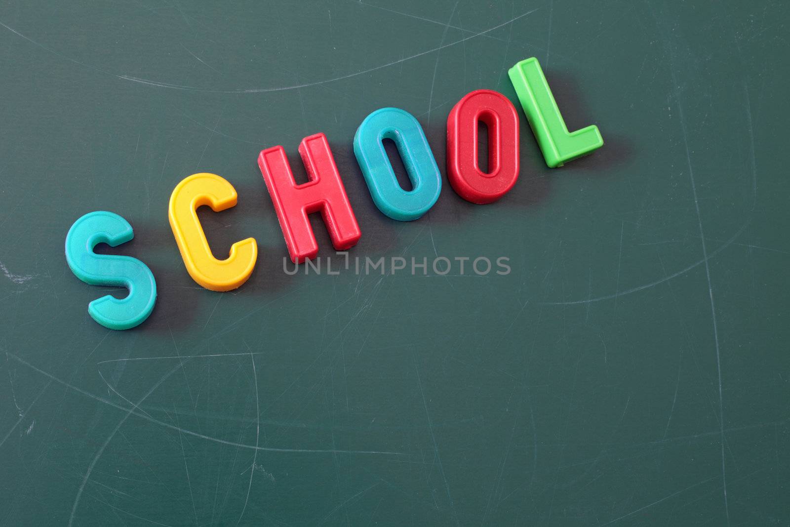 Several mutlicolored character forming the word school on a chalkboard.