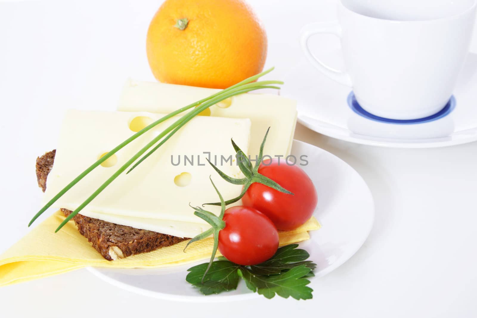 Fine served granary bread with cheese. All on white background.
