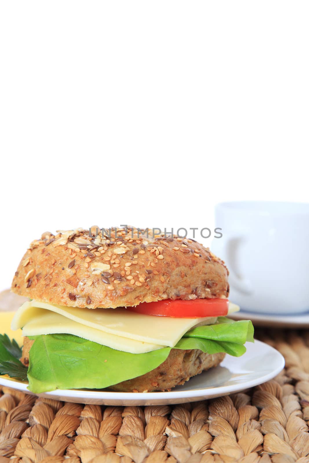 Fine served multi-grain roll with cheese. All on white background.