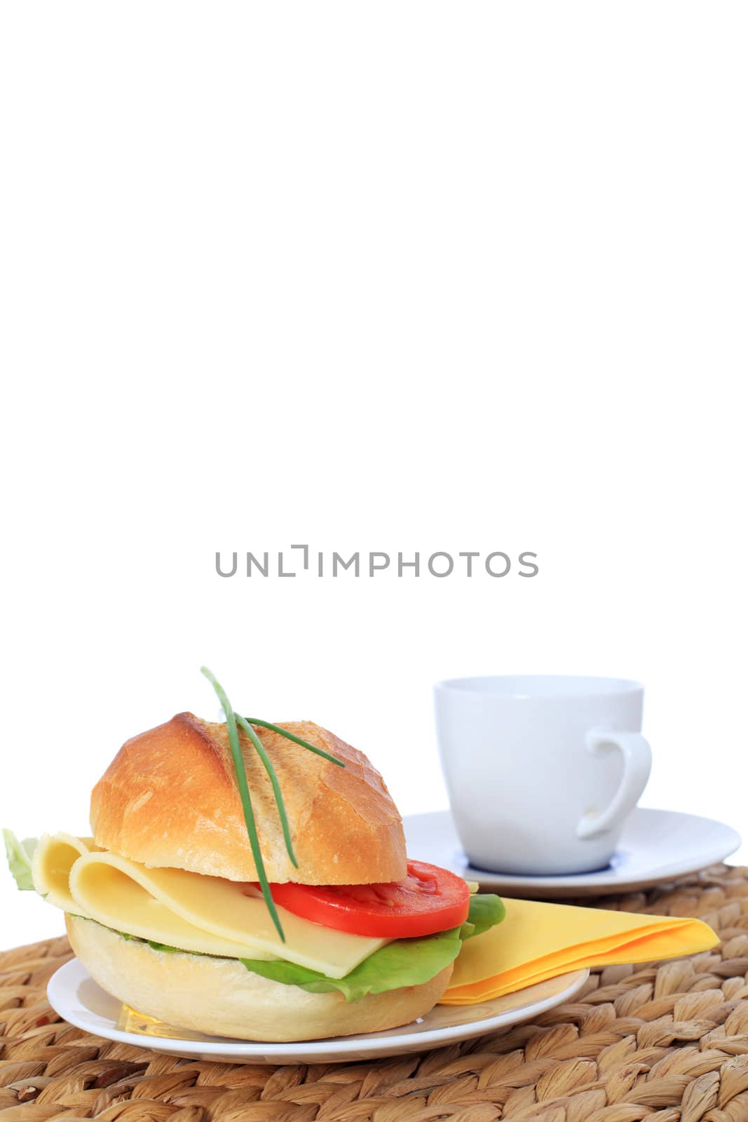 Fine served wheat roll with cheese. All on white background.