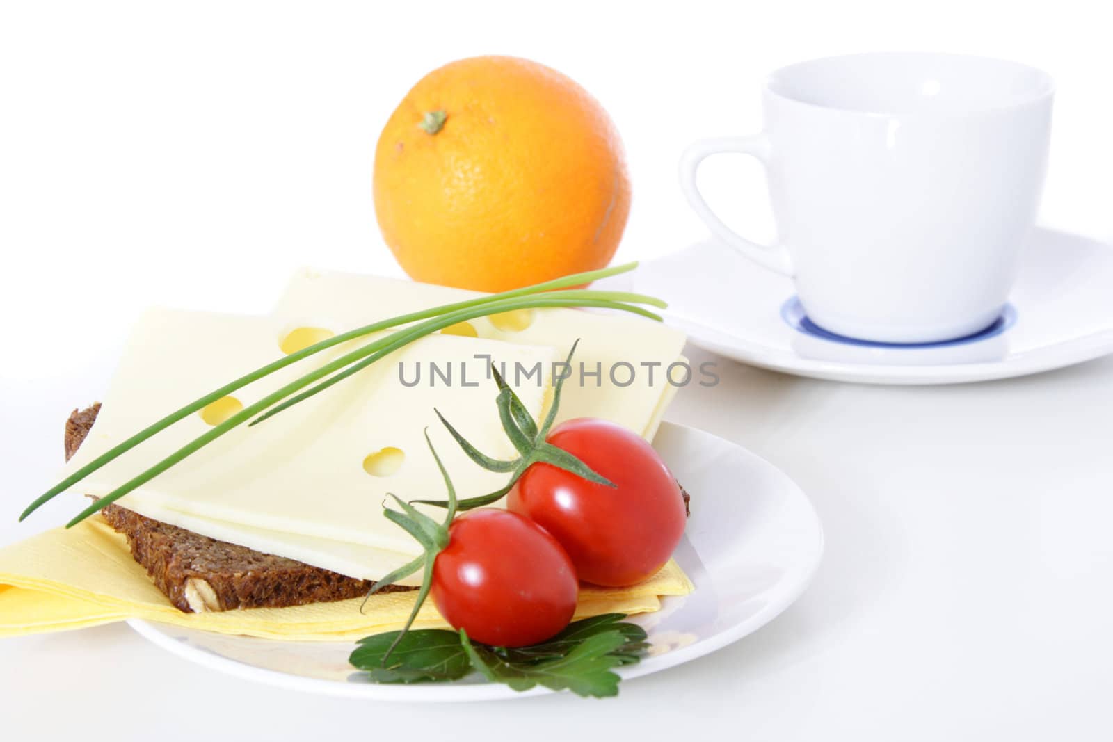 Fine served granary bread with cheese. All on white background.