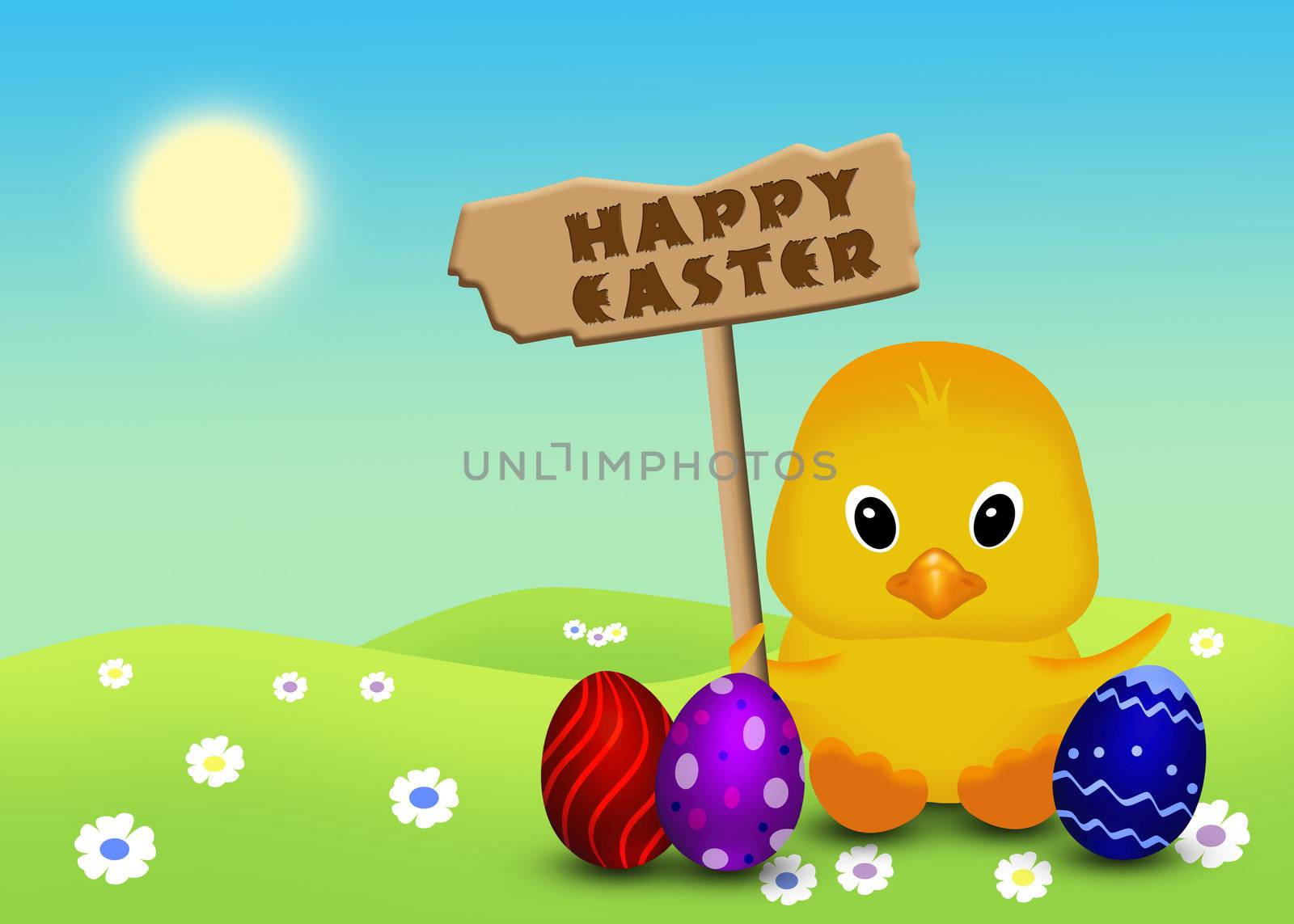 Cute Easter illustration: little chick holding a wooden sign with Easter greeting and sitting in a flower field next to colored Easter eggs.