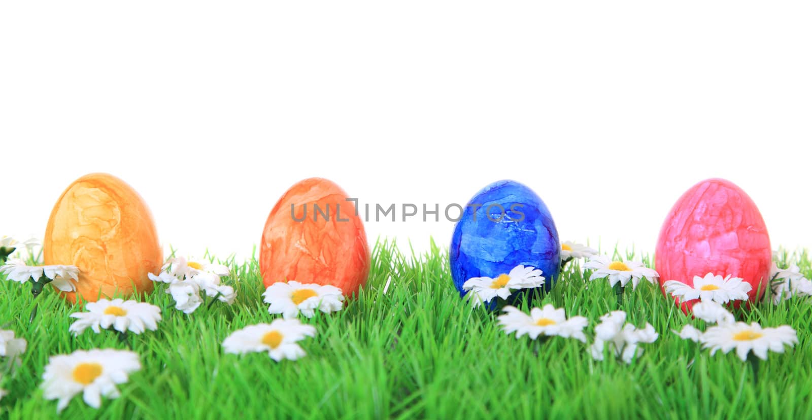 Colored easter eggs on green meadow. All on white background.