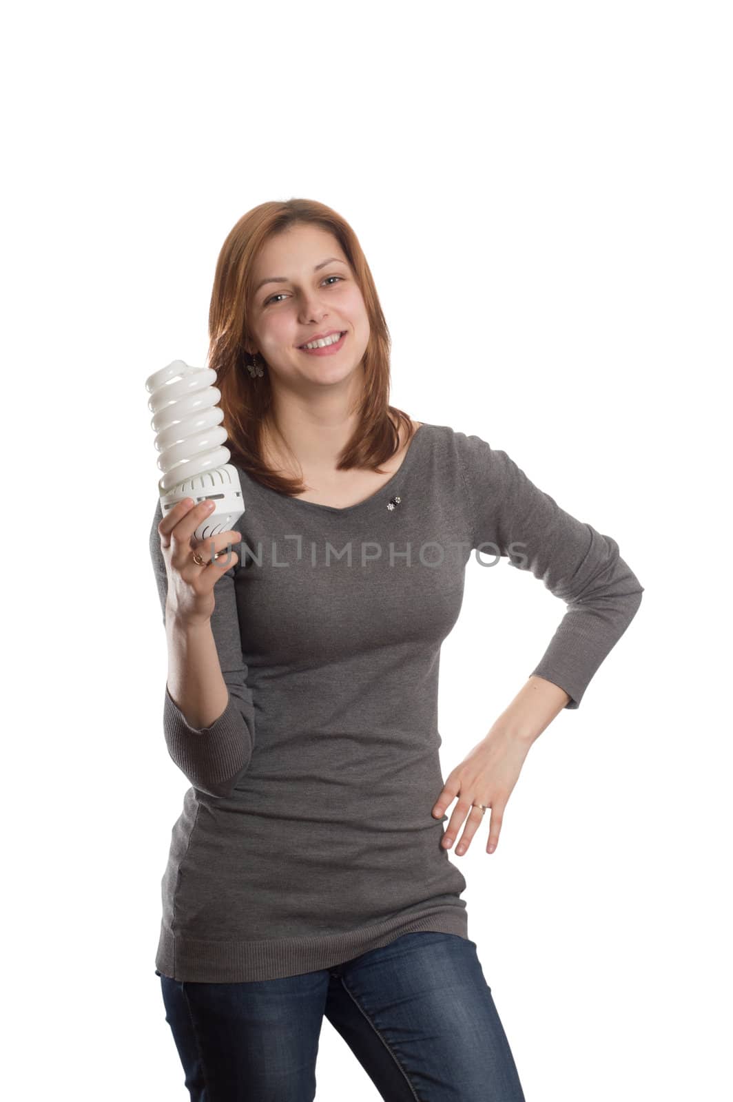 cute girl with electric lamp on a white background isolated