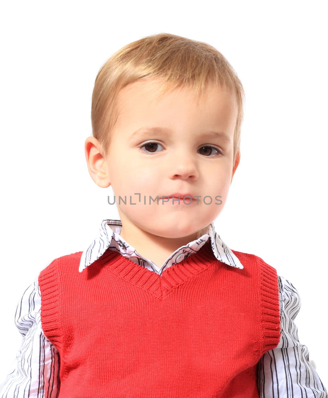 Portrait of a cute caucasian toddler. All on white background.