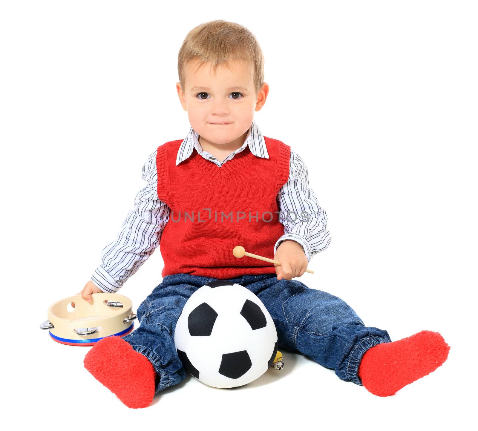 Cute caucasian toddler having fun. All isolated on white background.