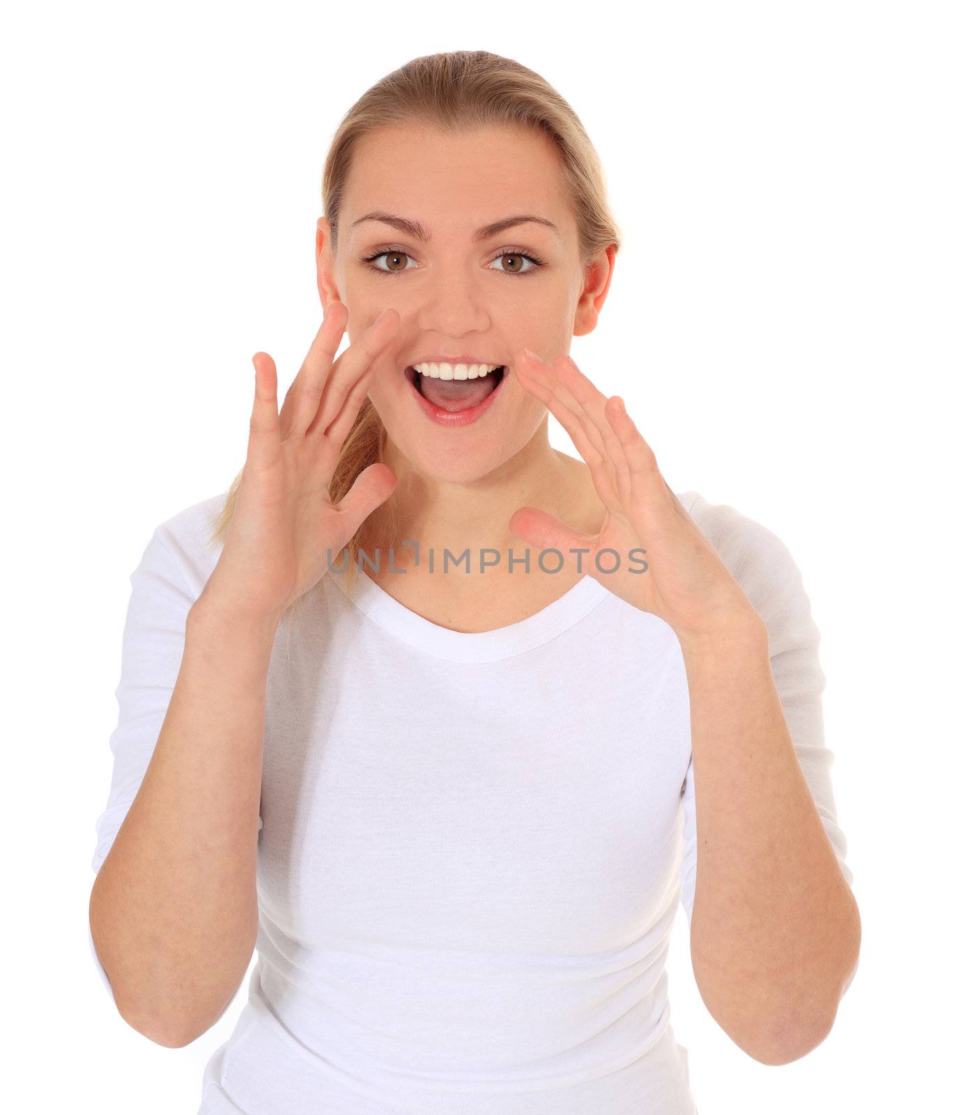 Attractive blond woman shouting out loud. All on white background.