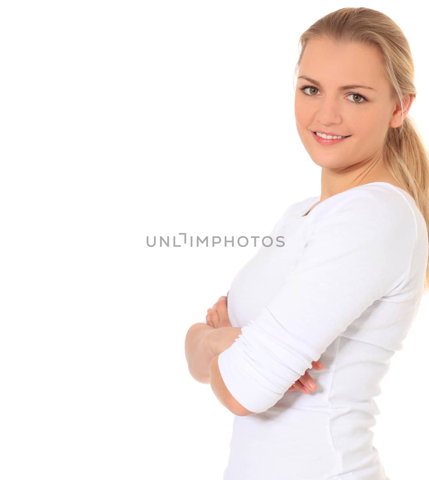 Attractive blond woman. Extra copy space on left side. All on white background.