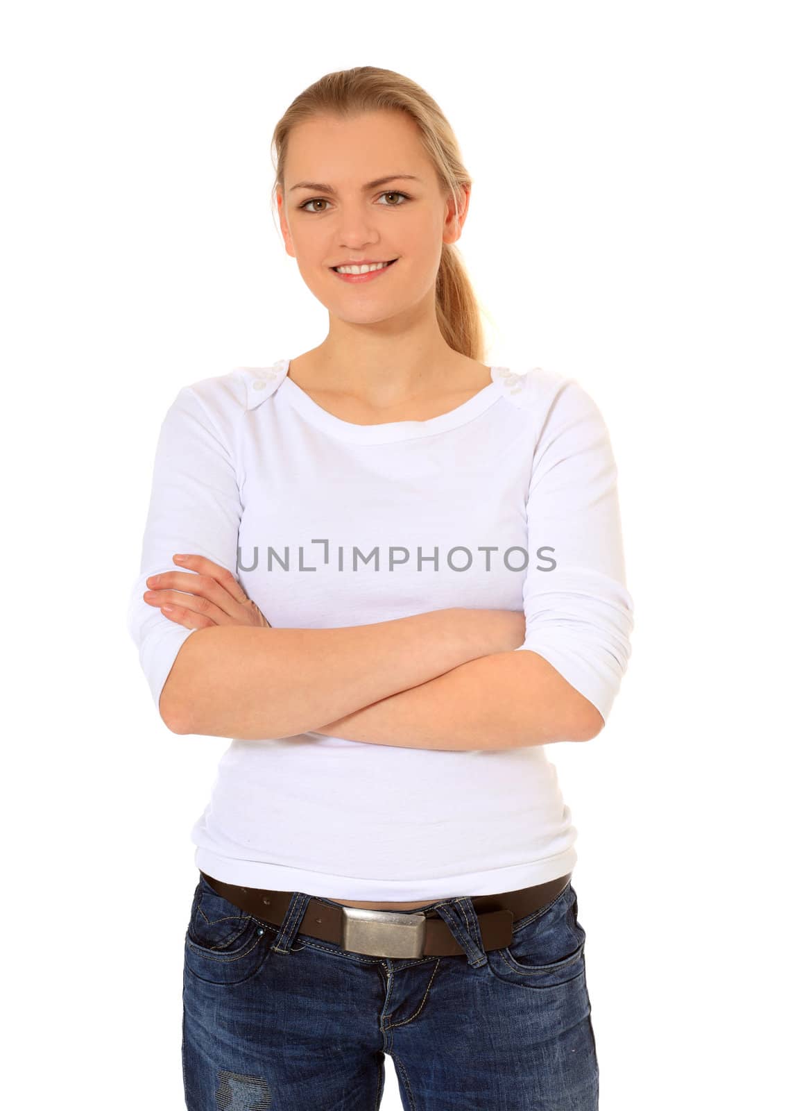 Attractive blond woman. All on white background.