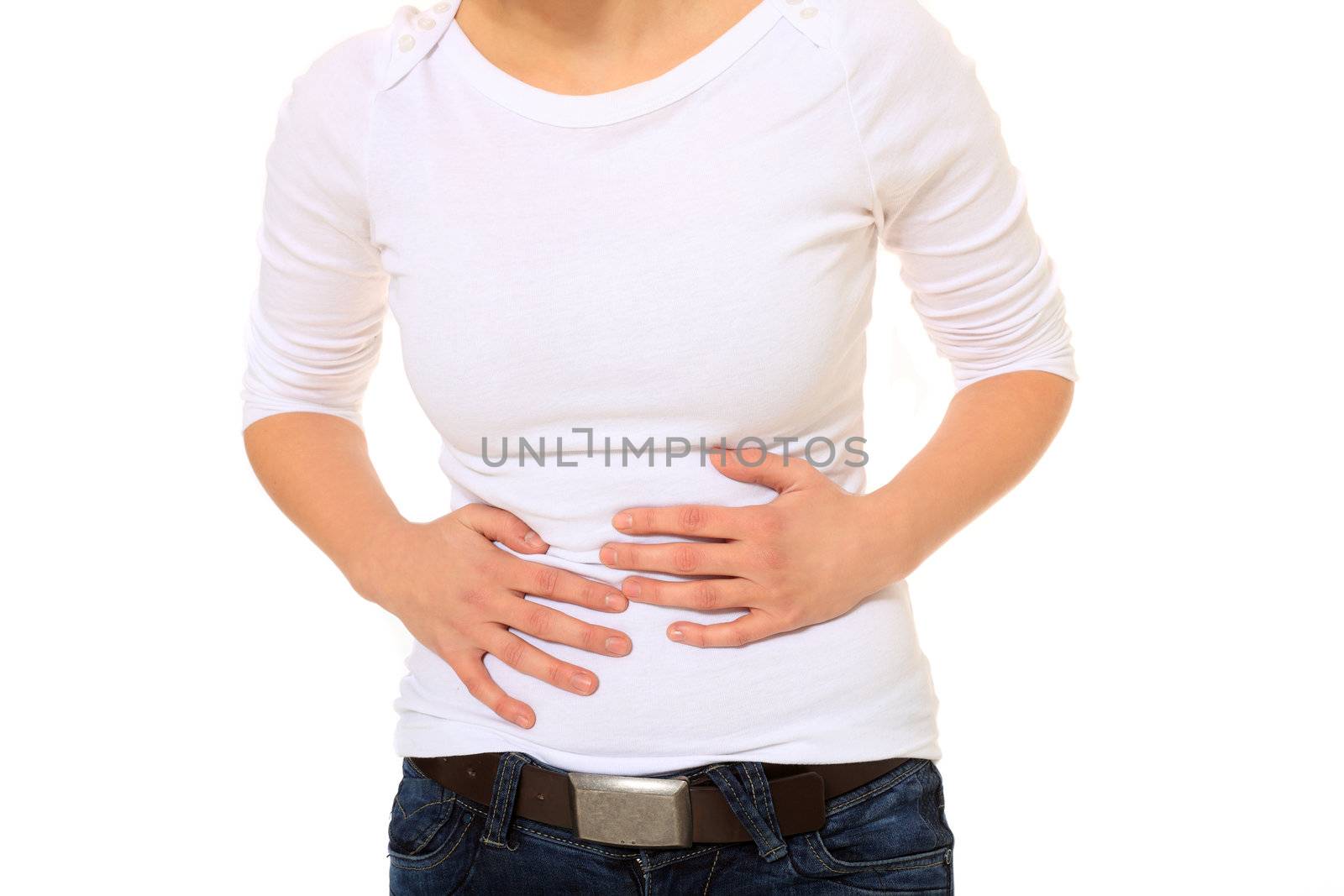 Attractive blonde woman suffering from stomachache. All on white background.