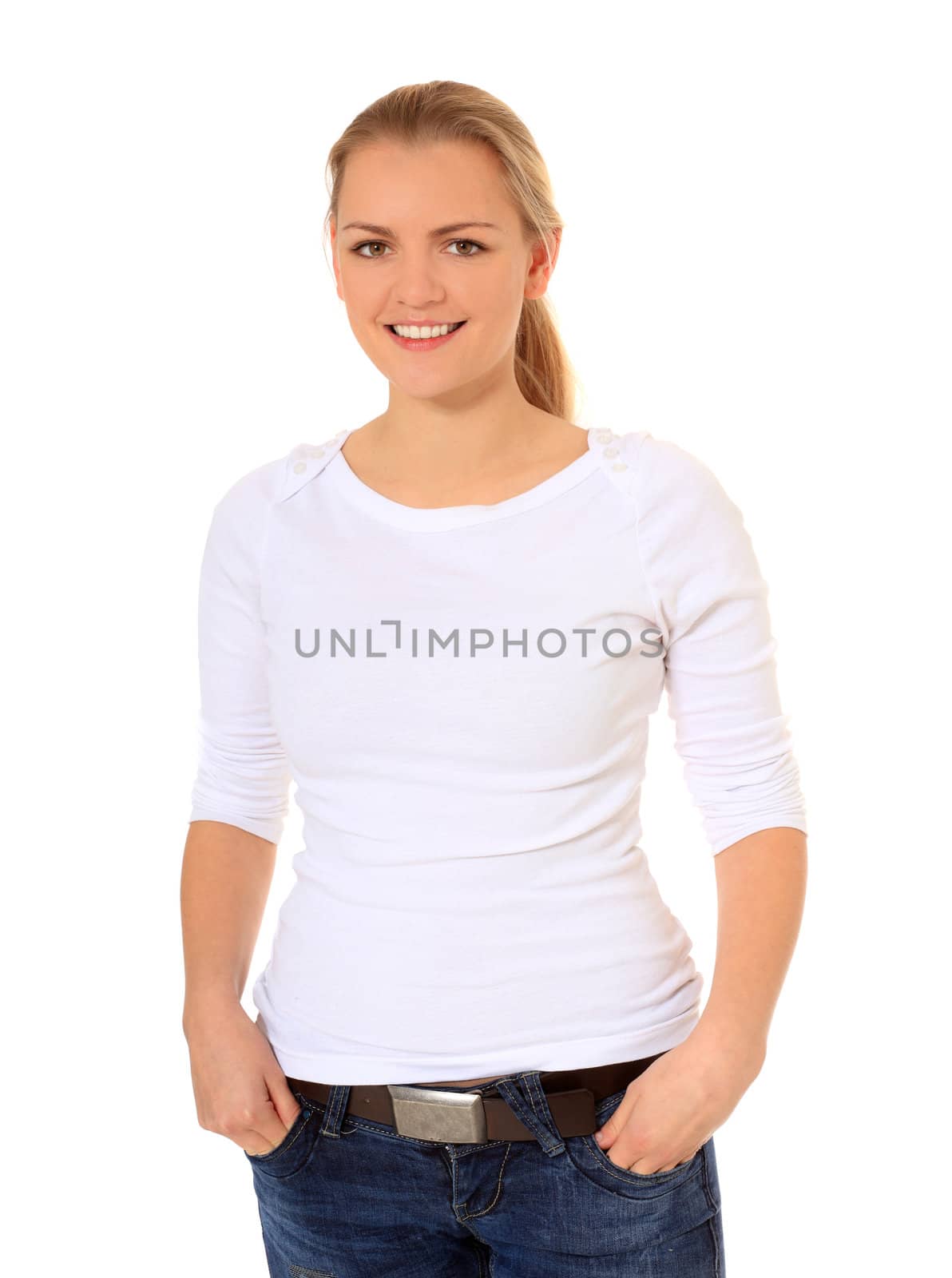 Attractive blond woman. All on white background.