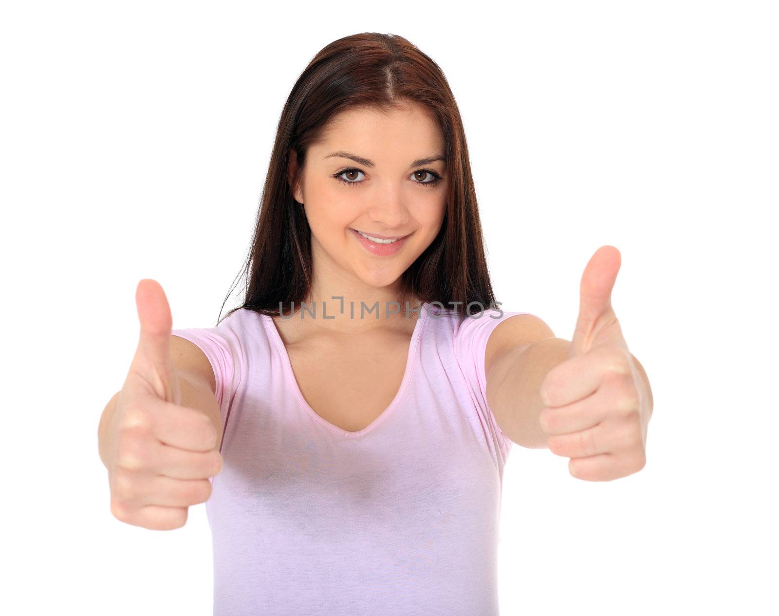 Attractive teenage girl making positive gesture. All on white background.