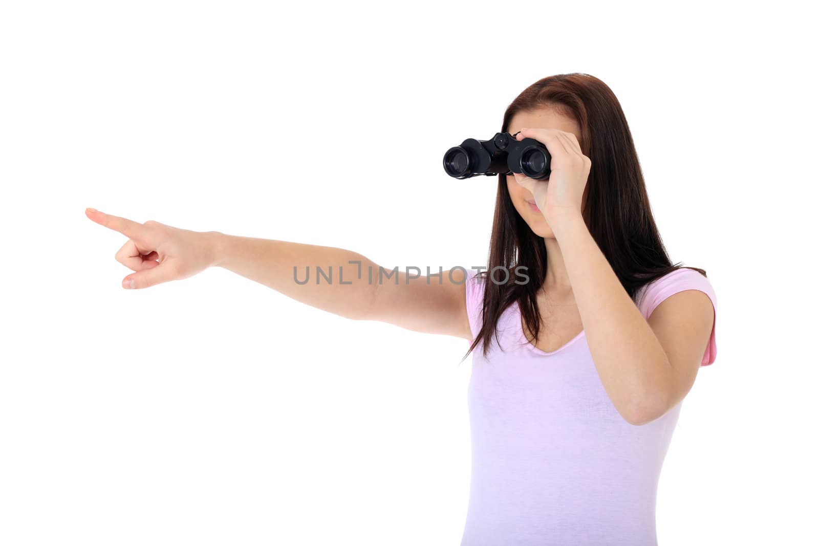 Attractive teenage girl using spyglass pointing with finger. All on white background.