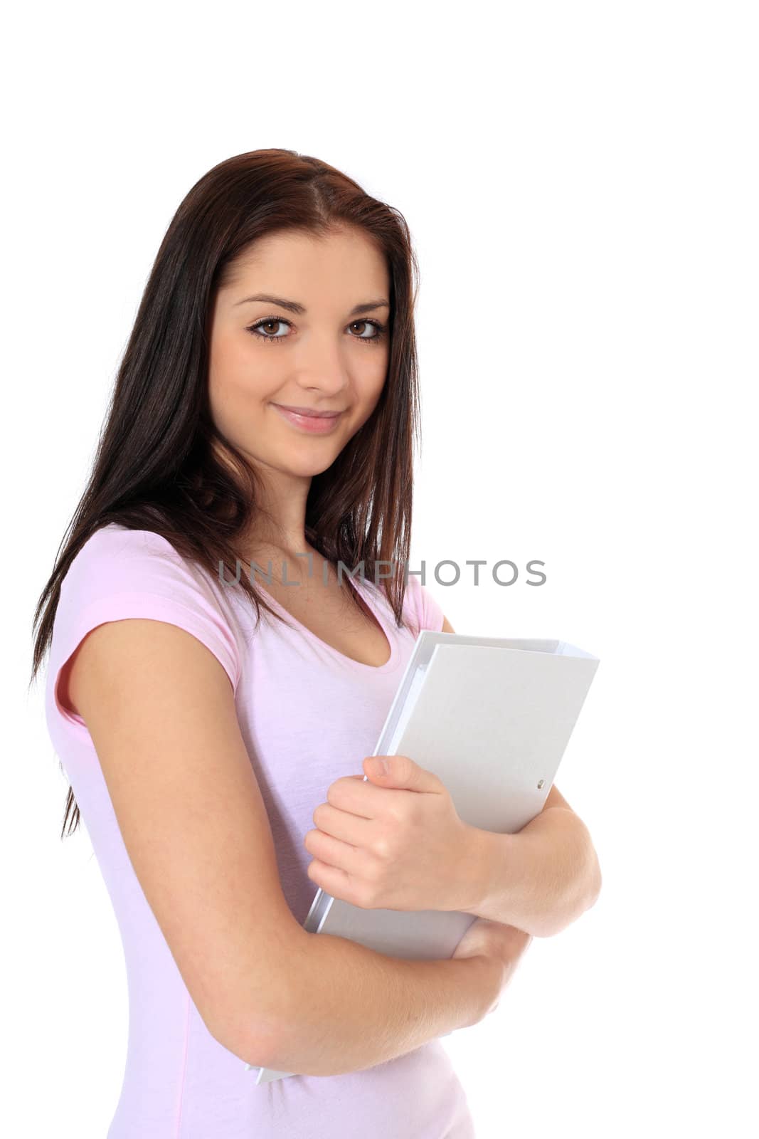 Attractive teenage girl holding her school papers. All on white background.