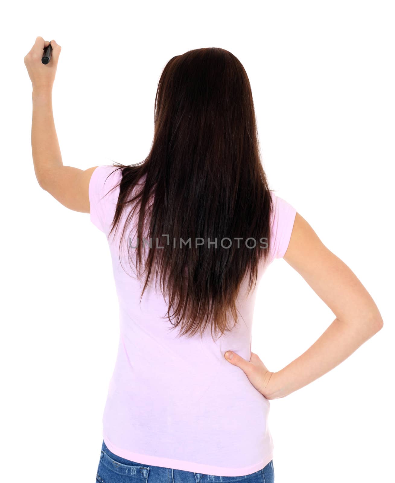 Attractive teenage girl using black marker. All on white background.