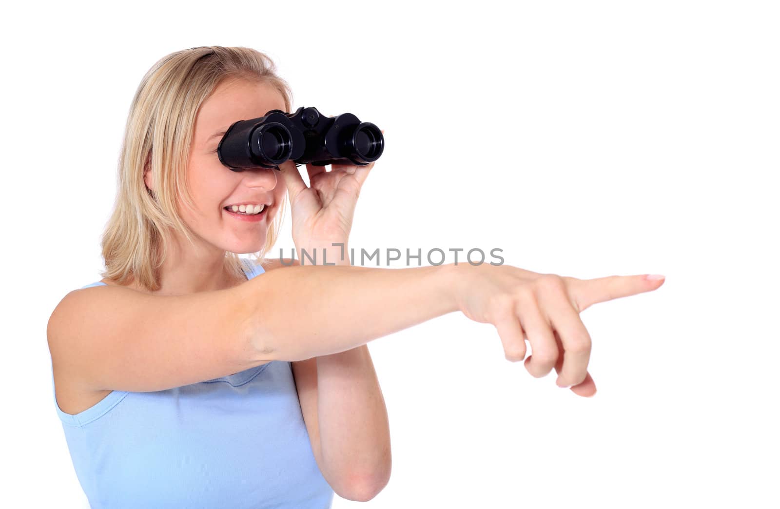 Attractive young scandinavian woman using spyglass. All on white background.