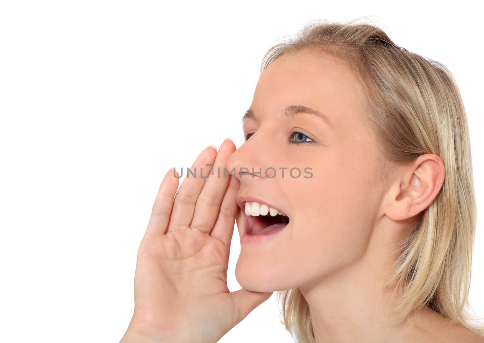 Attractive young scandinavian woman calling someone. All on white background.
