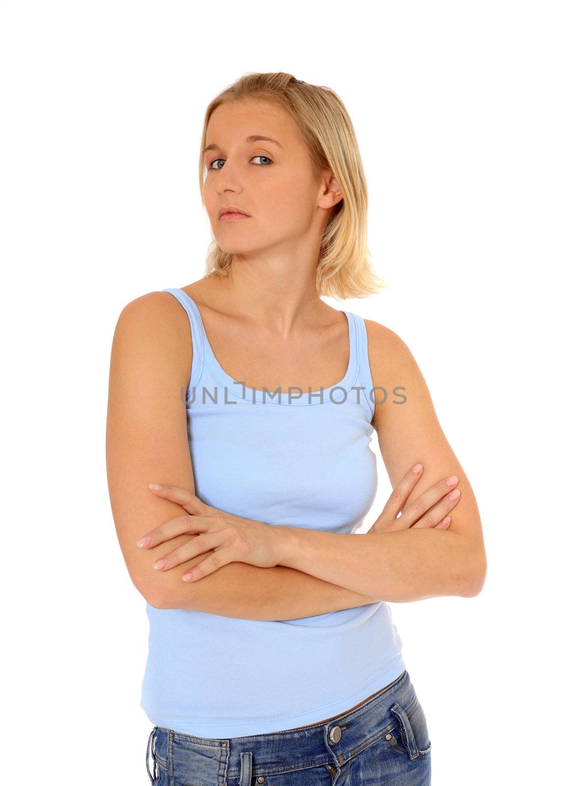 Skeptical young scandinavian woman. All on white background.