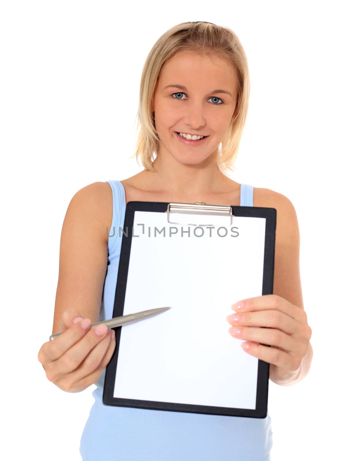 Attractive young scandinavian woman pointing with pen on clipboard. All on white background.
