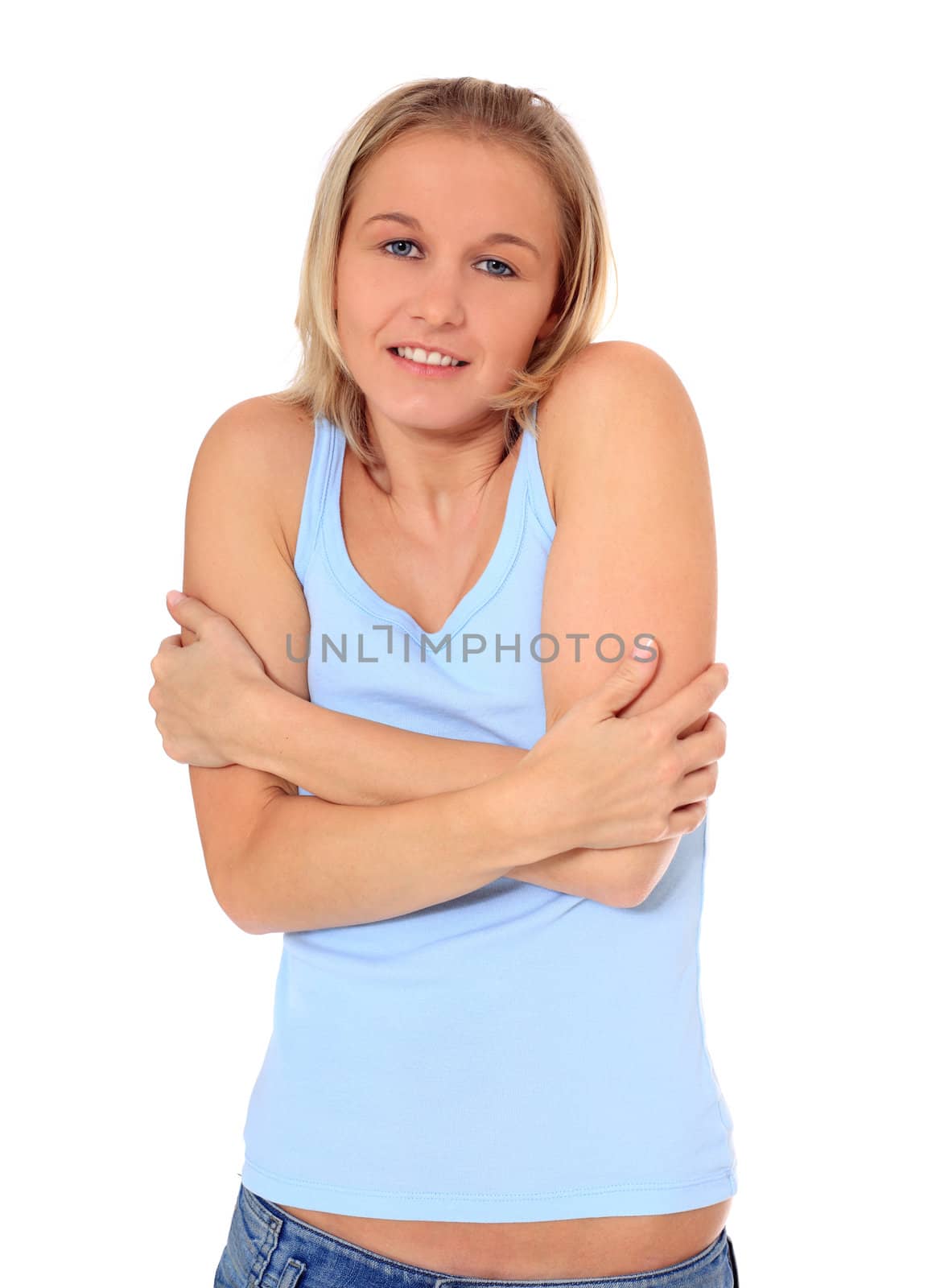 Attractive young scandinavian woman freezing. All on white background.