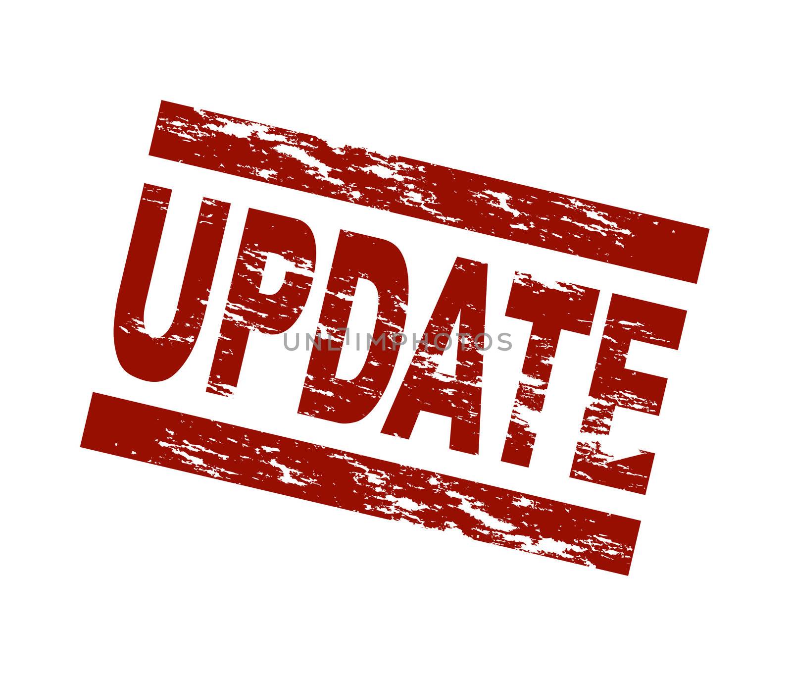 Stylized red stamp showing the term update. All on white background.