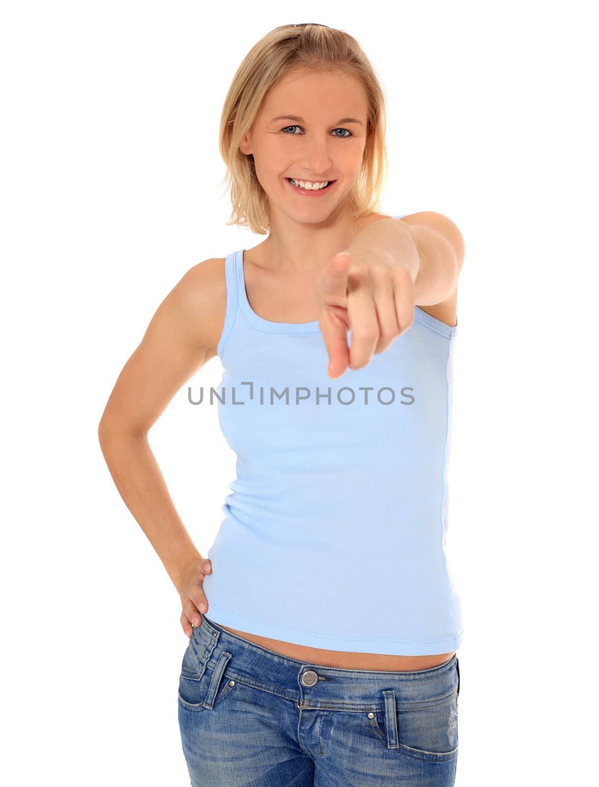 Attractive young scandinavian woman pointing with finger. All on white background.