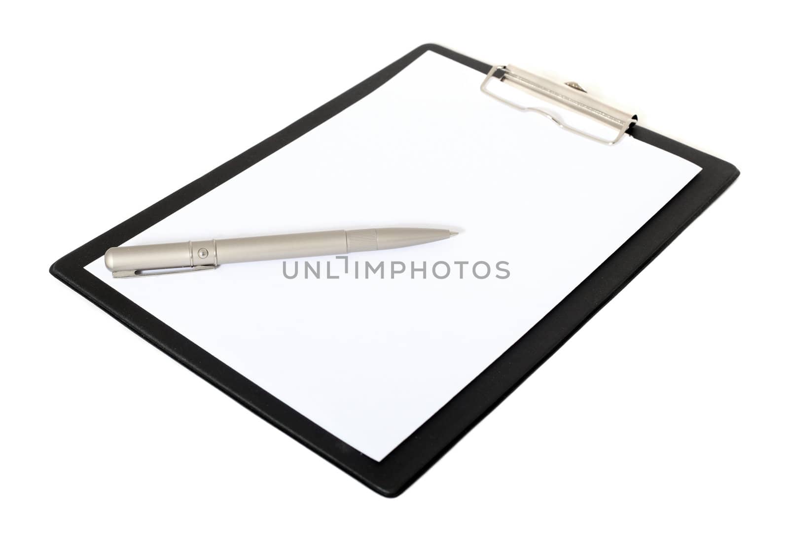 Standard clipboard with pen. All on white background.