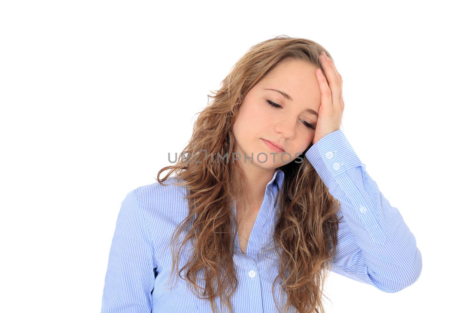 Attractive young girl suffering from headache. All on white background.