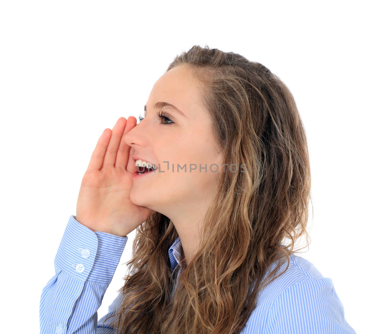 Attractive young girl shouting. All on white background.