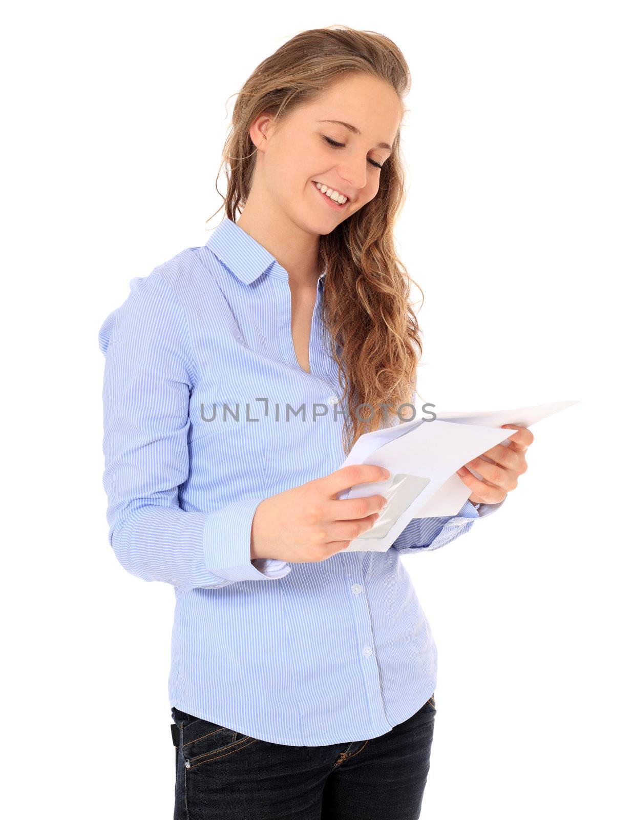 Portrait of an attractive young girl getting good news. All on white background.